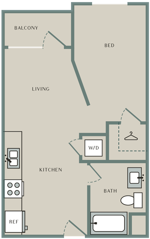 Floor plan for studio, 1 bath, 608 sqft